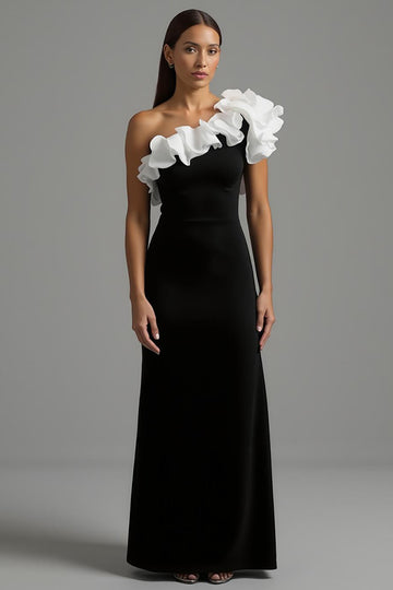 One Shoulder Ruffled Black and White Sheath Formal Dress